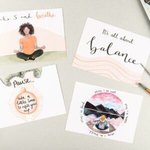 Positive postcards, with meditation themed quotes and illustrations