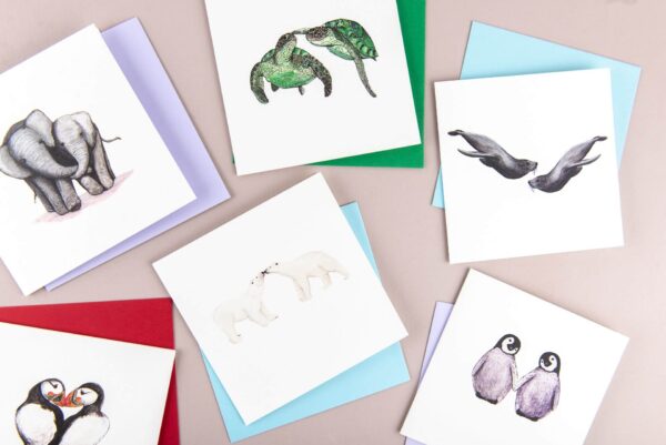 Selection of illustrated animal couple cards, elephants, puffins, penguins, turtles and polar bears