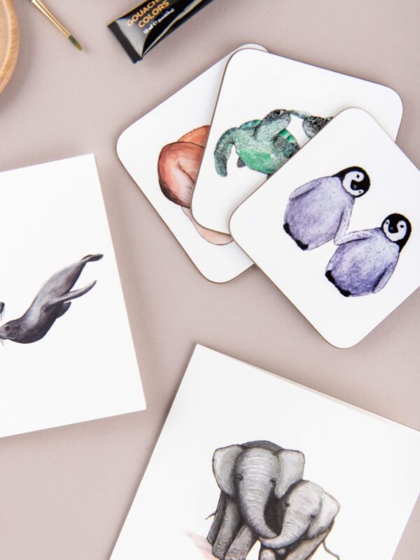 Selection of animal themed illustrated gifts, including prints, cards and coasters