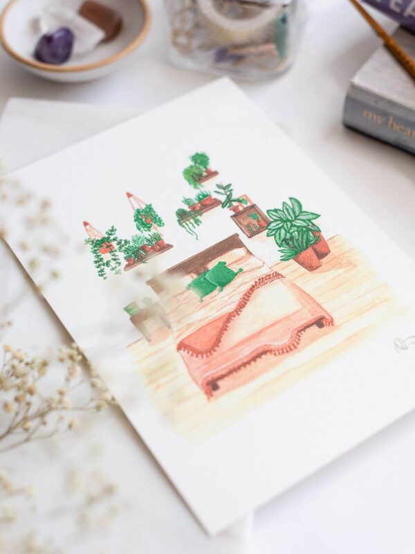 Illustration of house plants covering a bedroom wall and a pretty terracotta bed