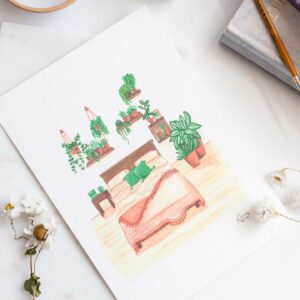 Illustration of house plants covering a bedroom wall and a pretty terracotta bed