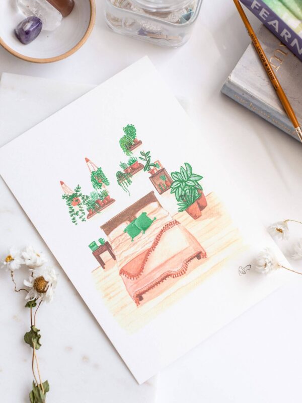 Illustration of house plants covering a bedroom wall and a pretty terracotta bed