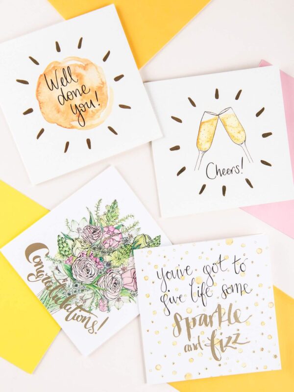 Celebration cards with gold foil details - well done, cheers, congratulations, sparkle and fizz.
