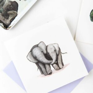 Cute Elephants card, featuring two cute elephants cuddling