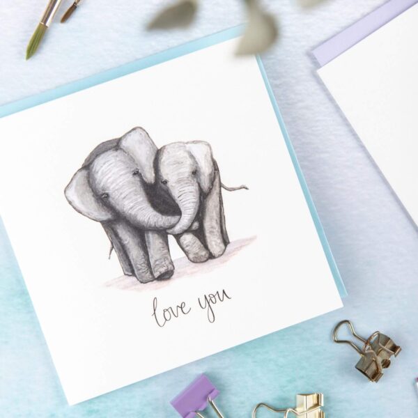 Cute Elephants card, featuring two elephants cuddling and text 'love you'