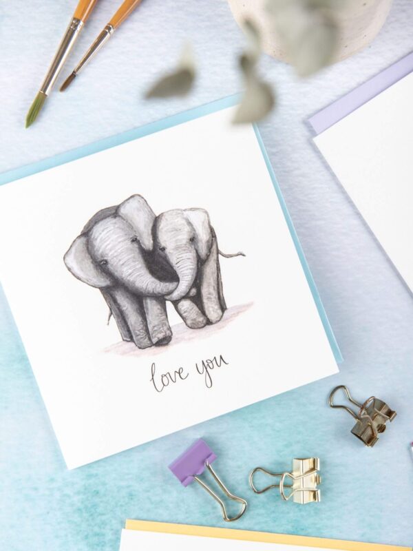 Cute Elephants card, featuring two elephants cuddling and text 'love you'