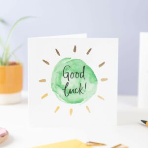 Green & gold 'Good luck!' greeting card