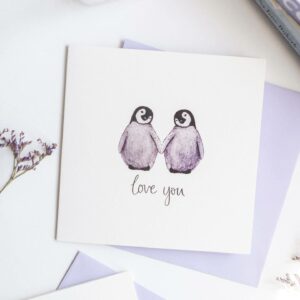 Cute Penguins card, featuring two cute penguins in love and text 'love you'