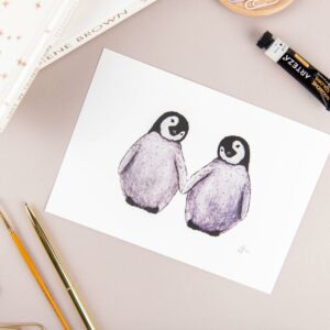 Cute fluffy penguins watercolour illustration
