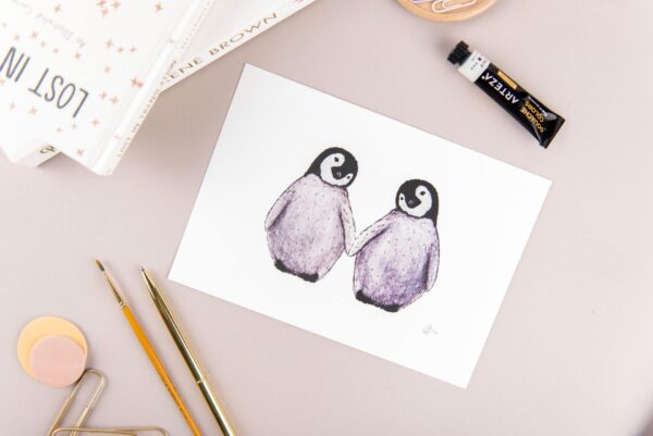 Cute fluffy penguins watercolour illustration