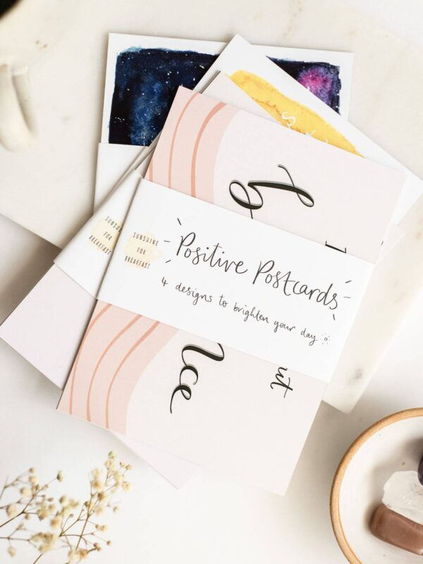 Positive postcards, with meditation themed quotes and illustrations