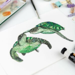 Art print - illustration of two turtles swimming touching flipper to nose