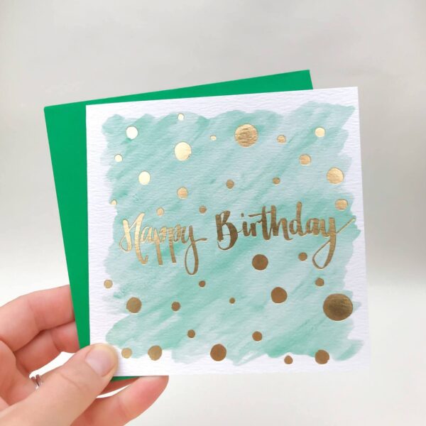 Teal happy birthday card with luxury gold foil detail
