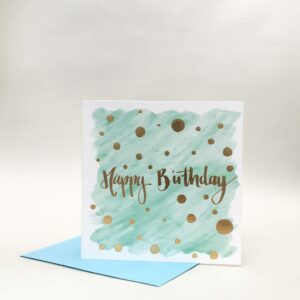 Teal happy birthday card with luxury gold foil detail