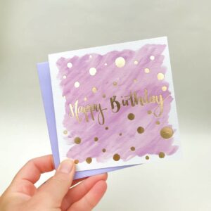 Purple happy birthday card with luxury gold foil detail