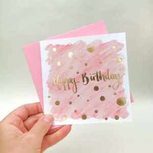 Pink happy birthday card with luxury gold foil detail