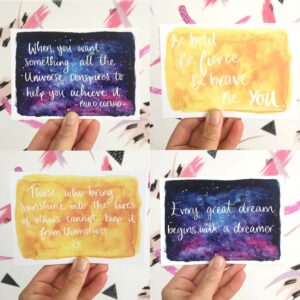 4 Positive quote postcards in sunshine and night sky water colour designs