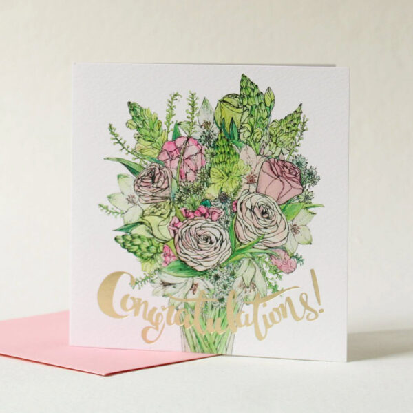 Congratulations card with beautiful pink bouquet and gold foil detail