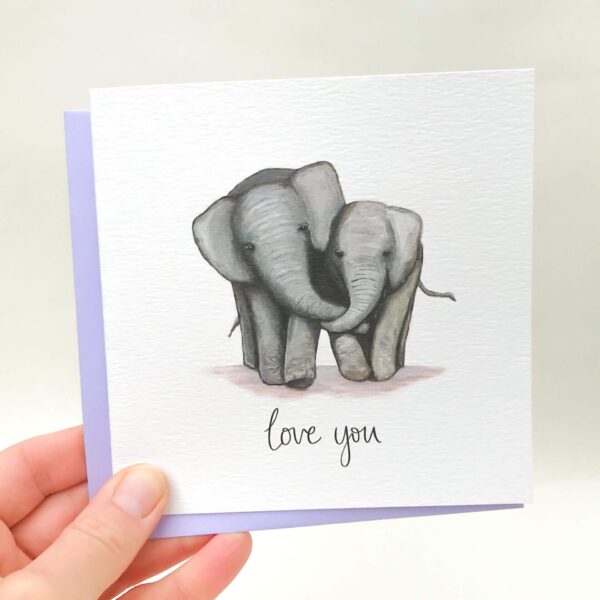 Printed card - illustration of two cute elephants cuddling, with 'love you' text beneath