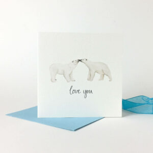 Printed card - two cute cute polar bears touching noses and text 'love you' beneath