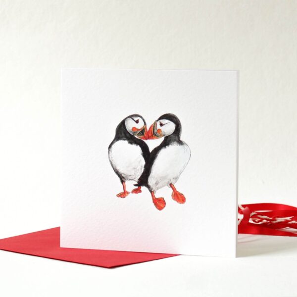 Printed card - two puffins touching beaks