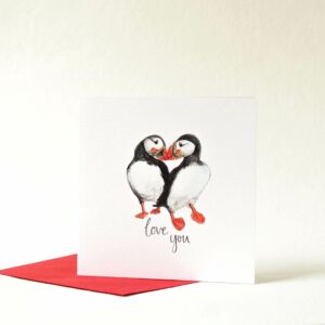 Printed card - two puffins touching beaks and text 'love you' beneath