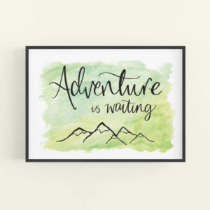 Framed art print with 'Adventure is waiting' text and simple mountain outline design - black frame