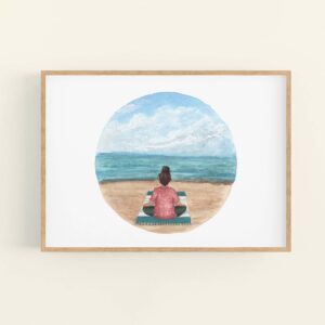 Meditating girl on a beach illustration in natural wood frame