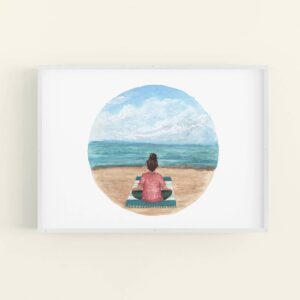 Meditating girl on a beach illustration in white frame