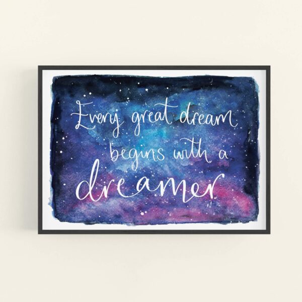 Night sky watercolour illustration with white text reading 'Every great dream begins with a dreamer' - in black frame
