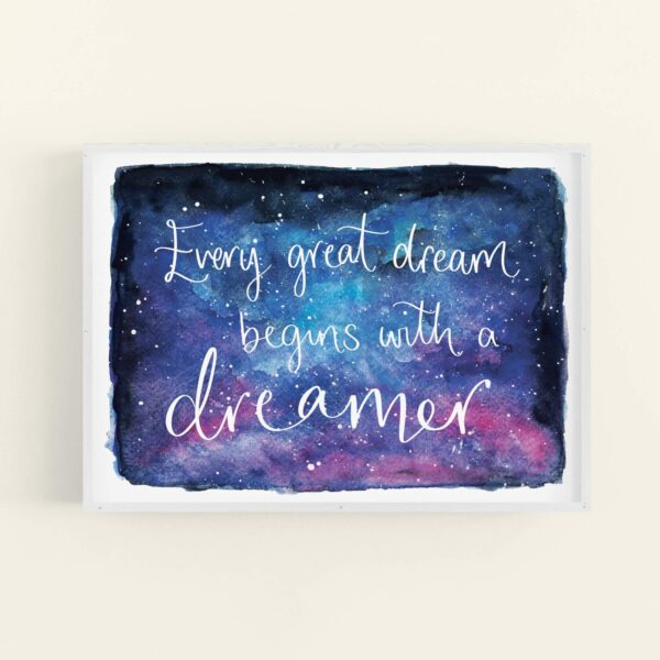 Night sky watercolour illustration with white text reading 'Every great dream begins with a dreamer' - in white frame