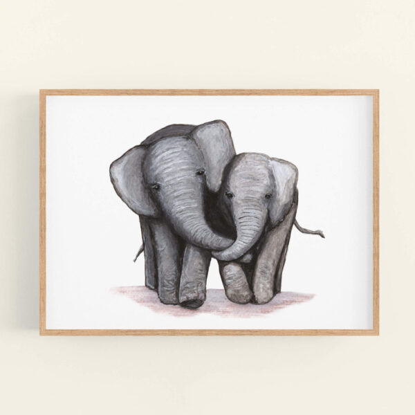 Elephants art print, illustration of 2 elephants touching trunks walking together.