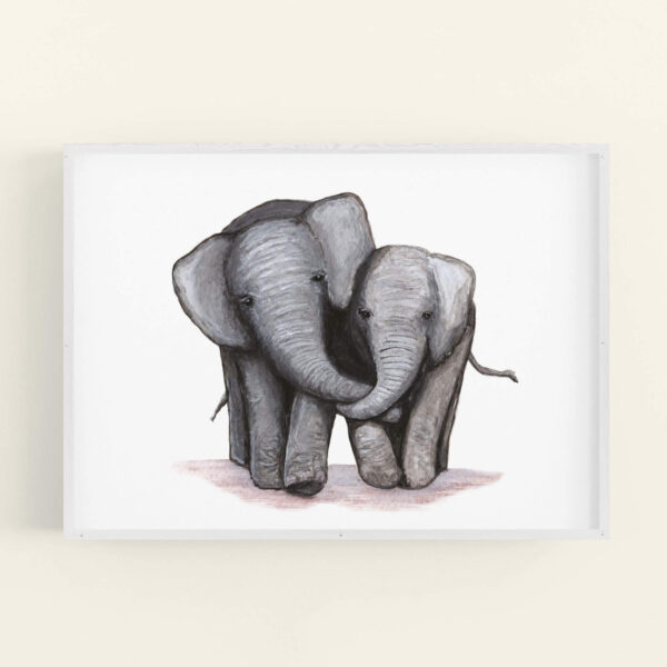 Illustration of 2 elephants cuddling - white frame
