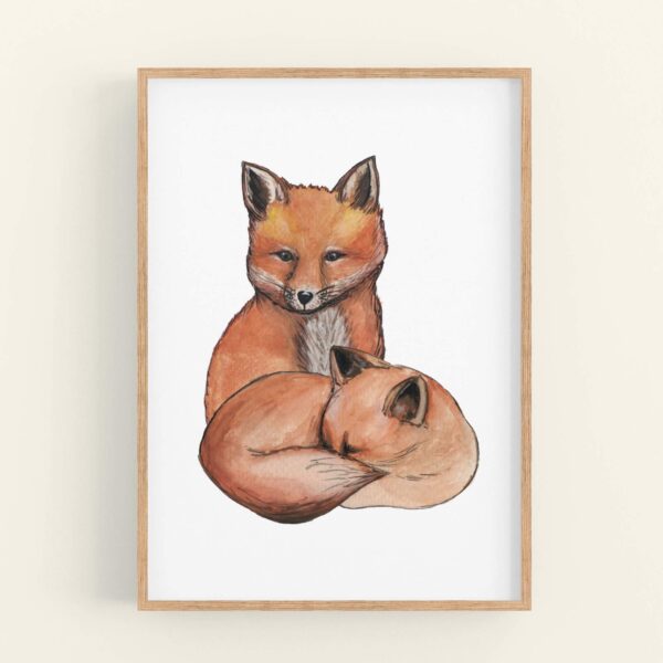 Illustration of 2 foxes cuddling - wooden frame