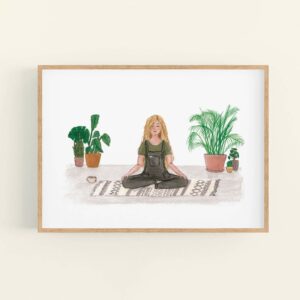 Meditating girl with house plants illustration, in wooden frame