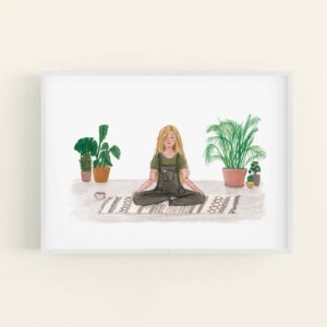 Meditating girl with house plants illustration, in white frame
