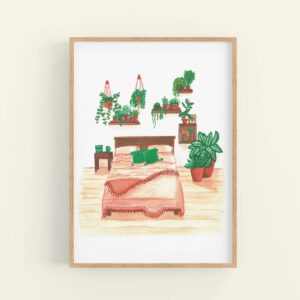 Illustration of house plants covering a bedroom wall and a pretty terracotta themed bedspread - displayed in wooden frame
