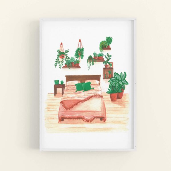 Illustration of house plants covering a bedroom wall and a pretty terracotta themed bedspread - displayed in white frame