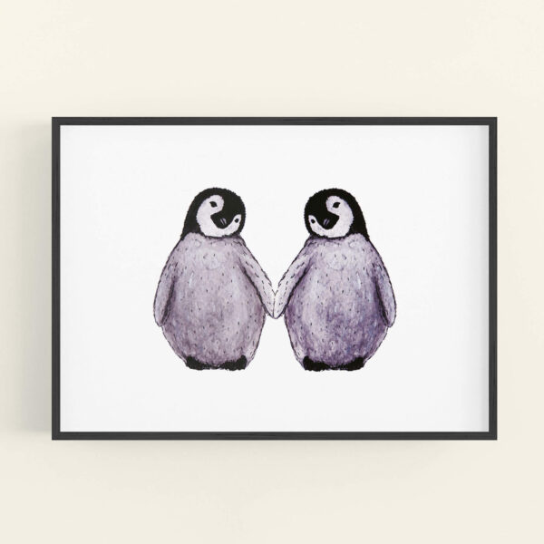 Illustration of 2 cute penguins holding flippers - black frame