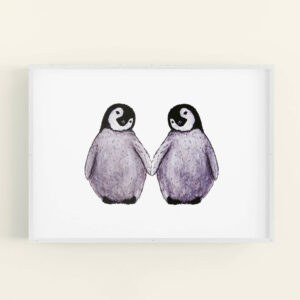 Illustration of 2 cute penguins holding flippers - white frame