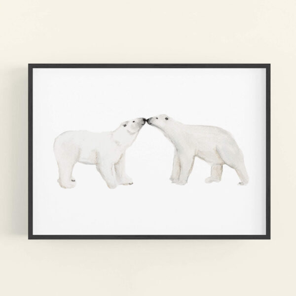Illustration of 2 polar bears touching noses - black frame