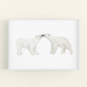 Illustration of 2 polar bears touching noses - white frame