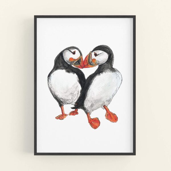 Illustration of 2 puffins touching beaks - black frame