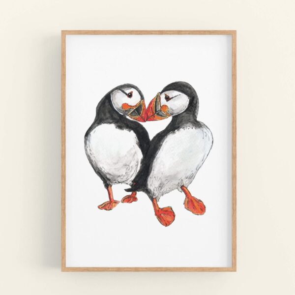 Illustration of 2 puffins touching beaks - wooden frame