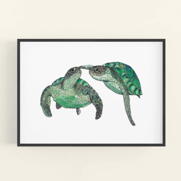 Illustration of 2 turtles swimming - black frame