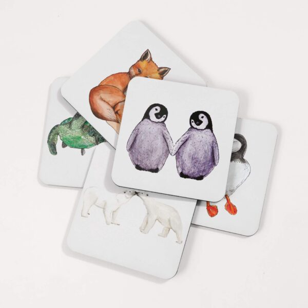 Illustrated animal coasters, featuring foxes, penguins, puffins, polar bears and turtles