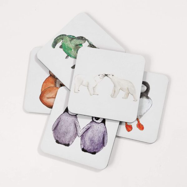 Illustrated animal coasters, featuring foxes, penguins, puffins, polar bears and turtles