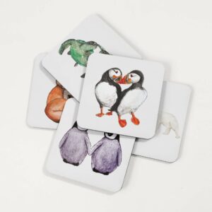 Illustrated animal coasters, featuring foxes, penguins, puffins, polar bears and turtles