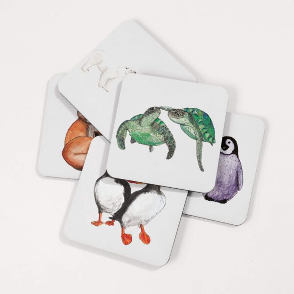 Illustrated animal coasters, featuring foxes, penguins, puffins, polar bears and turtles