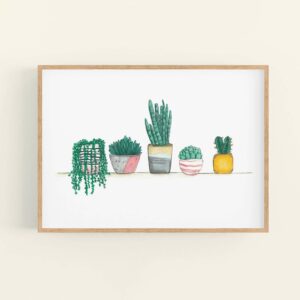 Framed print of cute house plants and succulents lined up on a shelf - wooden frame